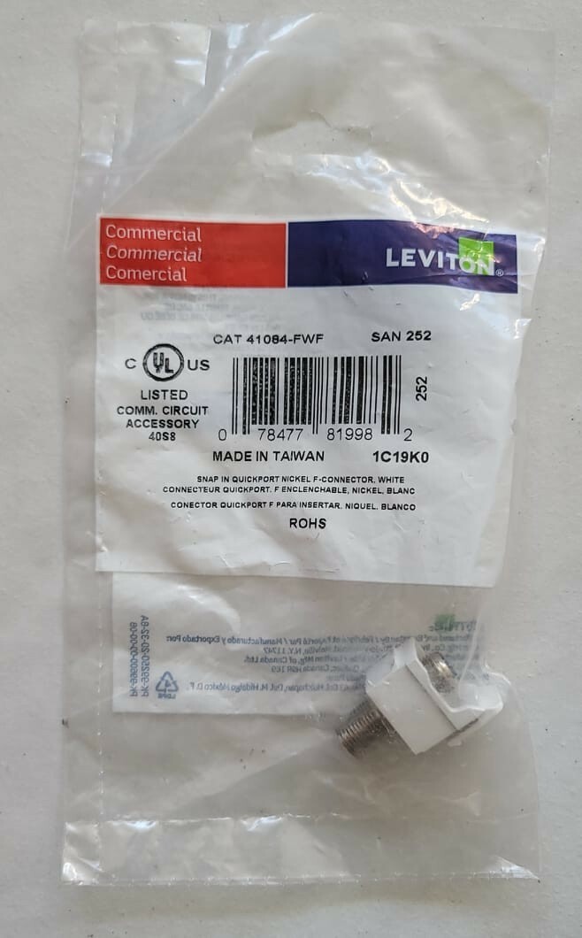 Leviton CAT 41084-FWF Snap-In Quickport Nickle F-Connect White Coax Cable, NEW 