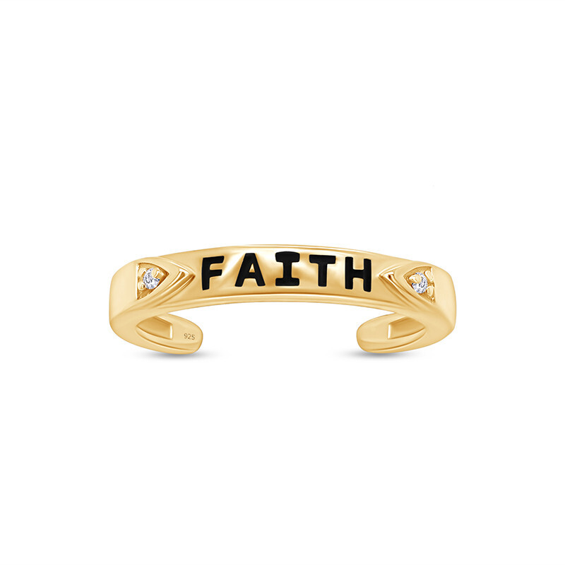 FAITH Letter Toe Ring Simulated Diamond 14K Yellow Gold Plated Sterling Silver