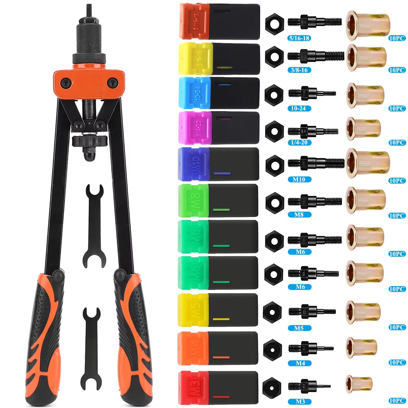 16" Rivnut Tool Kit 11 Metric & SAE Mandrels Hand Nutsert Rivet Nut Gun Tool Set