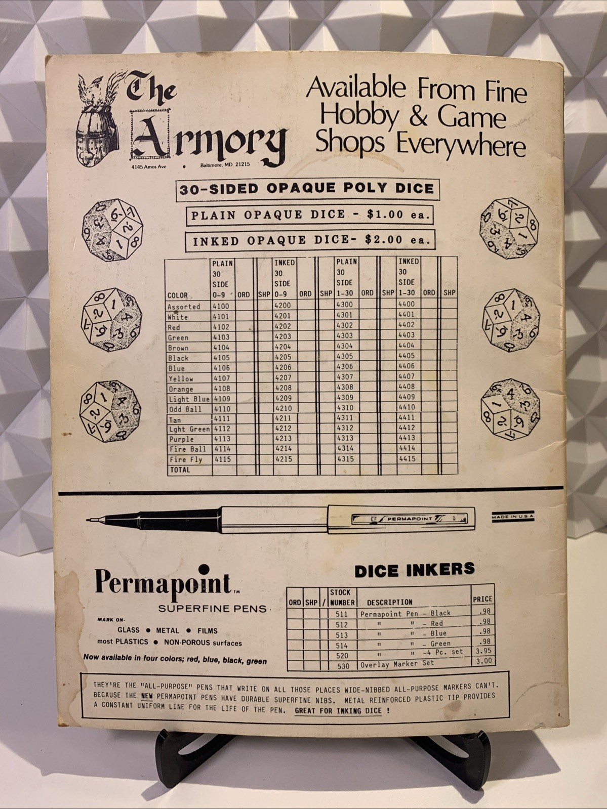 Armory 30 Sided Dice Gaming Tables 1982
