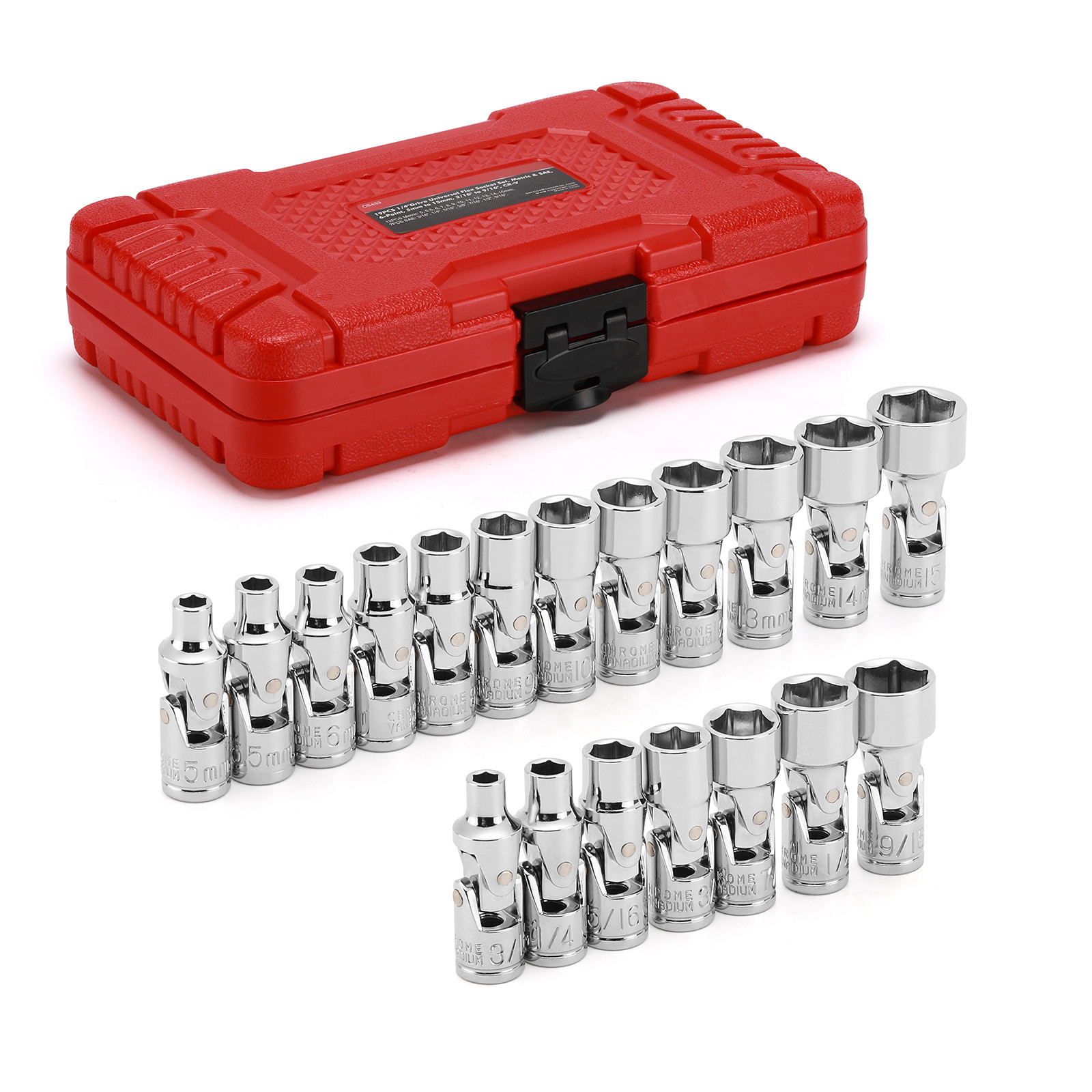 19PCS 1/4" Drive Universal Joint Socket Set  Metric 5mm-15mm &SAE 3/16" to 9/16"