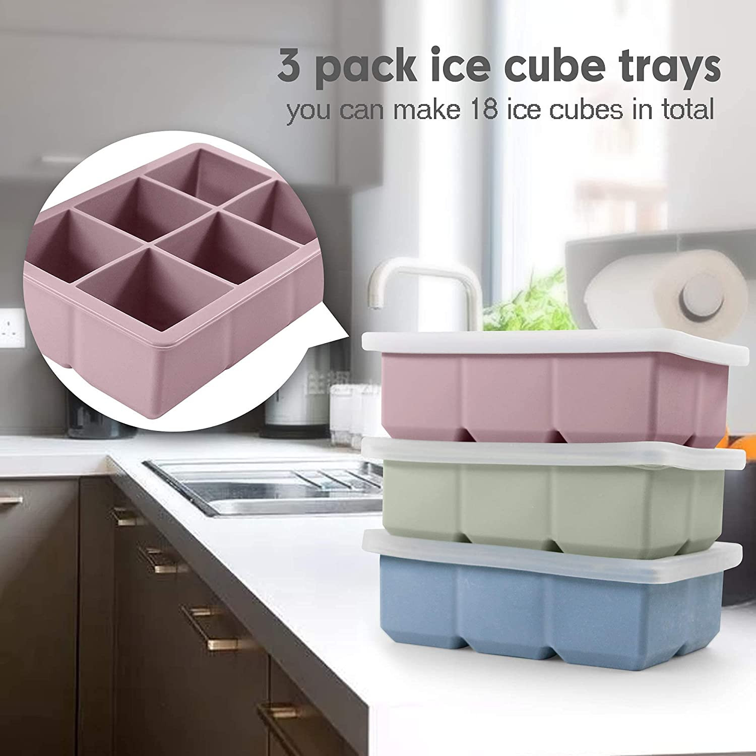 Silicone Ice Cube Trays 3 Pack - Large Size Silicone Ice Cube Molds with Leak Pr