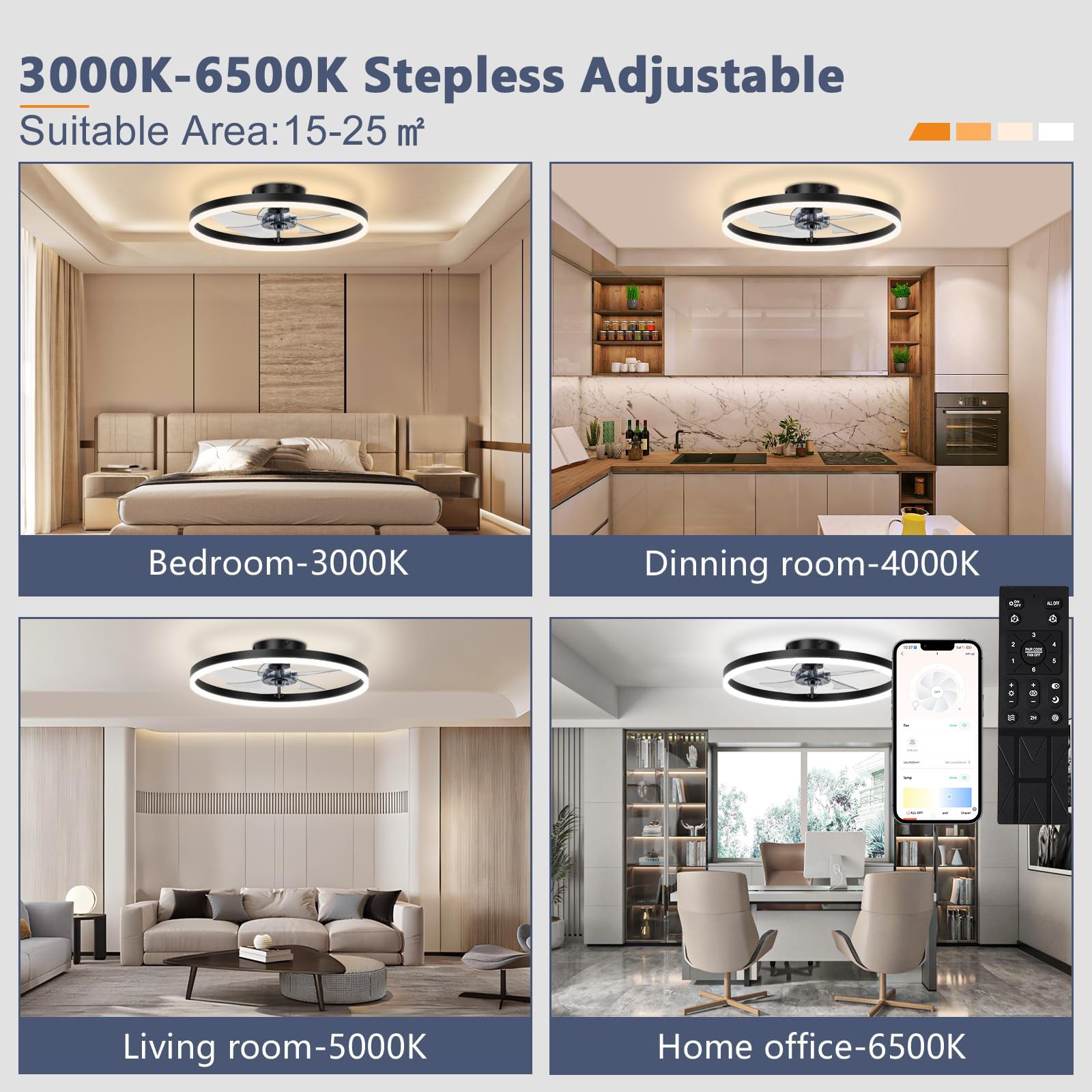 20" Modern Fan Lights Flush Mount LED Ceiling Light kit With Remote APP Control