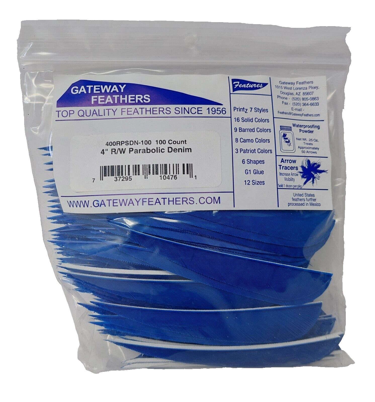 100 Pack Gateway Feathers 4" Right Wing: Parabolic Denim Blue 400RPSDN-100