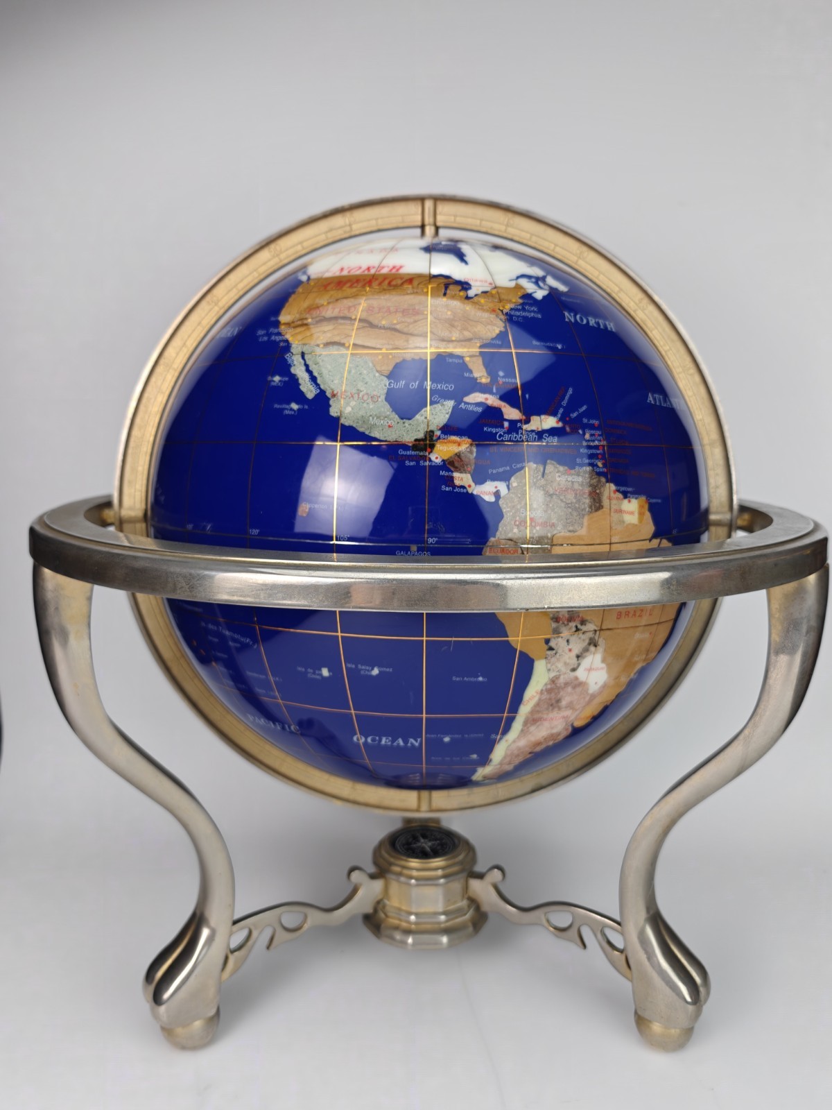 Large 18.5" Lapis Lazuli Gemstone Globe Brass Spin Tilt Compass Stand READ!