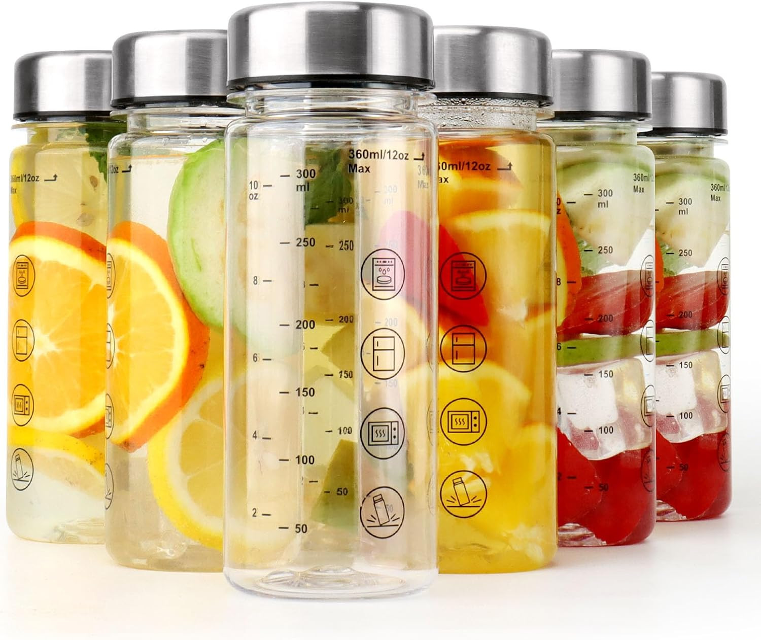 6 Pack Juice Bottles with Caps - Wide Mouth Resuable Clear Plastic Water Bottles