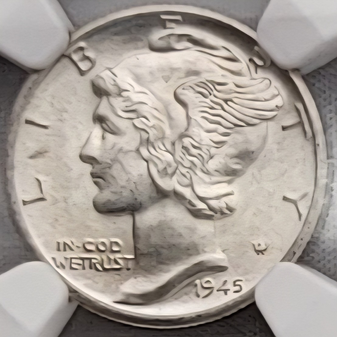 1945-D 10¢ - Mercury Dime - MS65 - Bag Fragment Slab - 90% Silver - Details