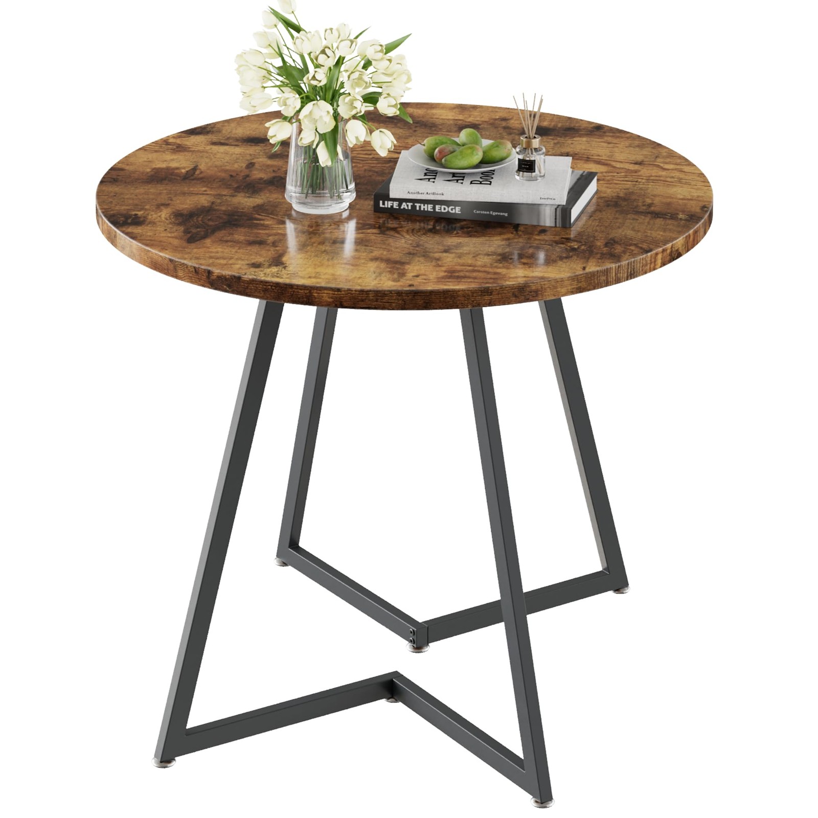 VECELO Round Dining Table with Wood Grain Tabletop and Steel Frame, for Kitchen,