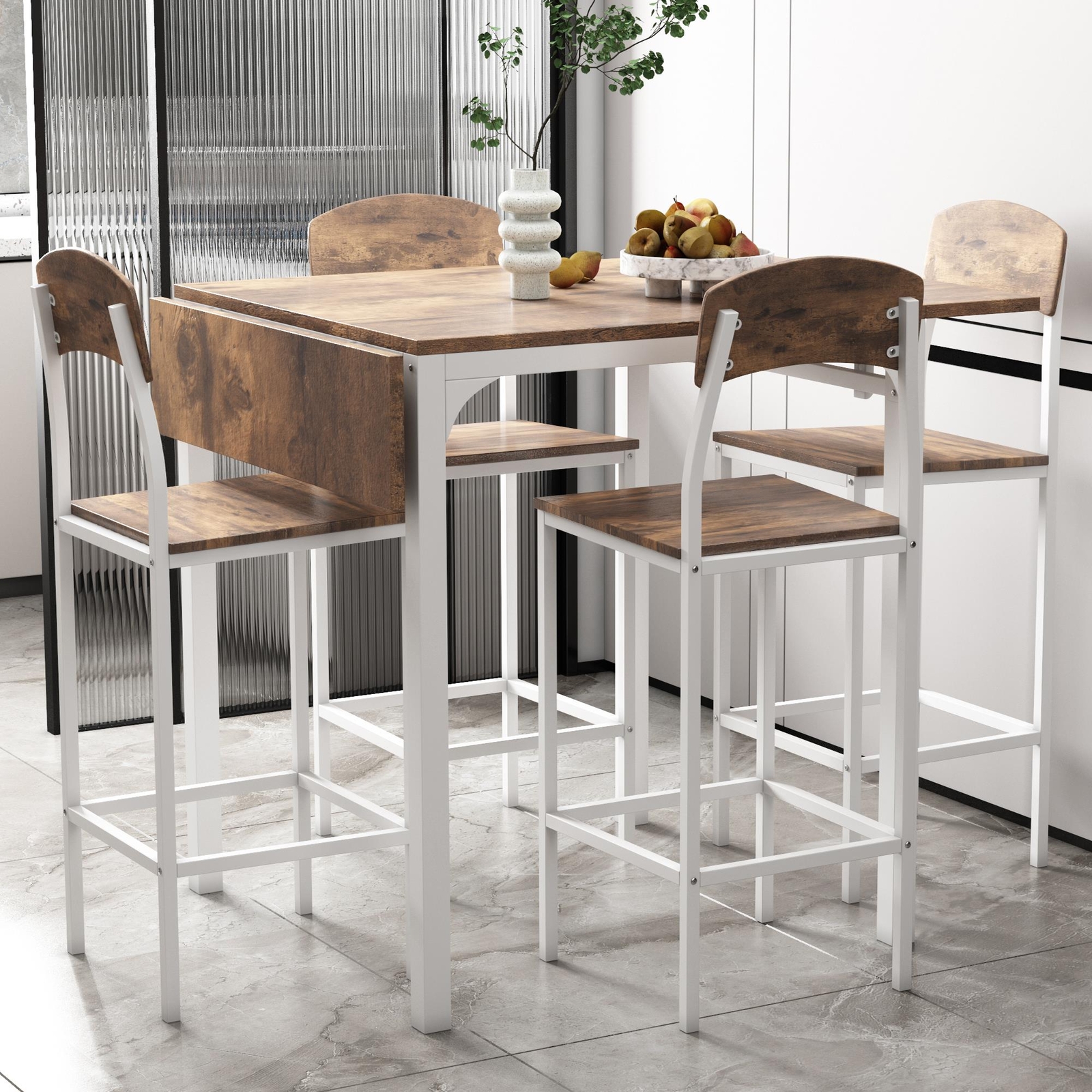 1 Table+4 Chairs White Frame Rustic Brown Tabletop Drop Leaf Dining Table Set