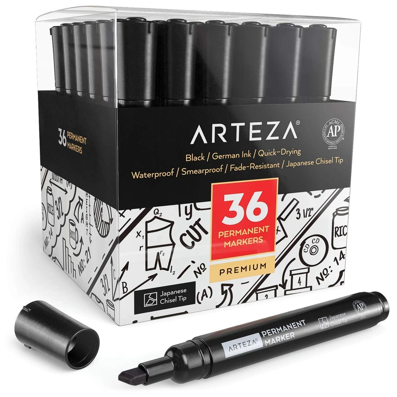 ARTEZA Permanent Markers, Set of 36, Black, Chisel Tip, Waterproof
