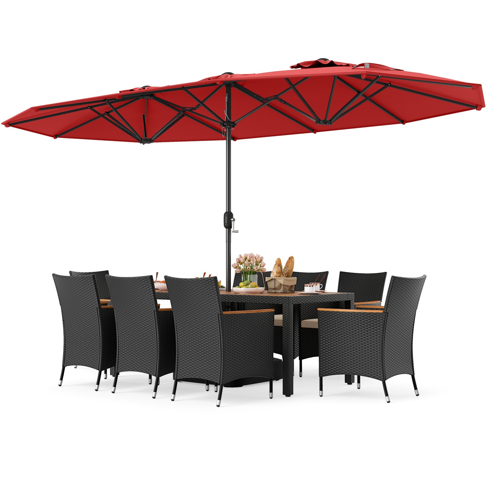 11PCS Patio Wicker Dining Set w/Double-Sided Outdoor Umbrella 8 Stackable Chairs