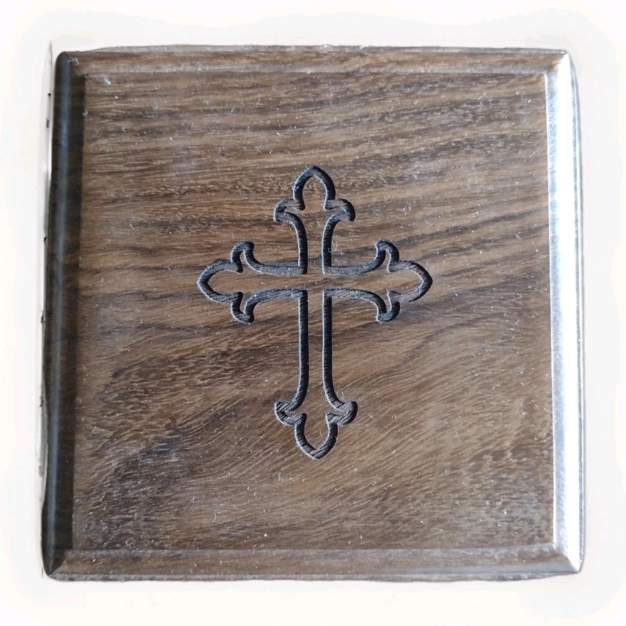 Wood Hinged Trinket Box with an Engraved Cross 3.75" x 3.75" x 1.75"