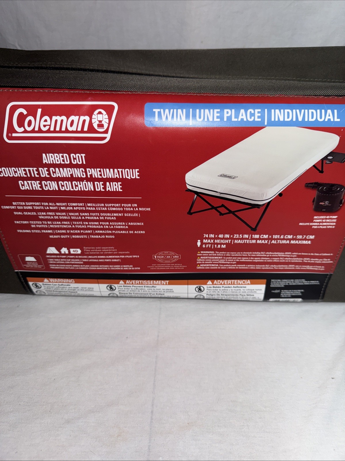 Coleman twin cairbad cot with 4d pump NWT New Unopened 4D