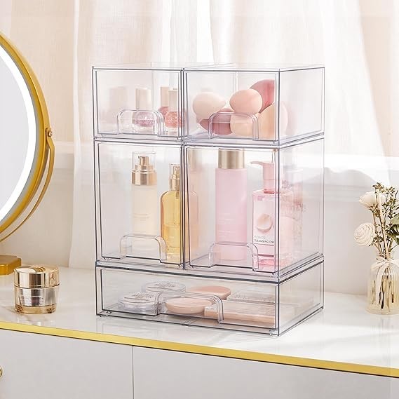 Stackable Storage Drawers Set of 5, Clear Plastic Organizer
