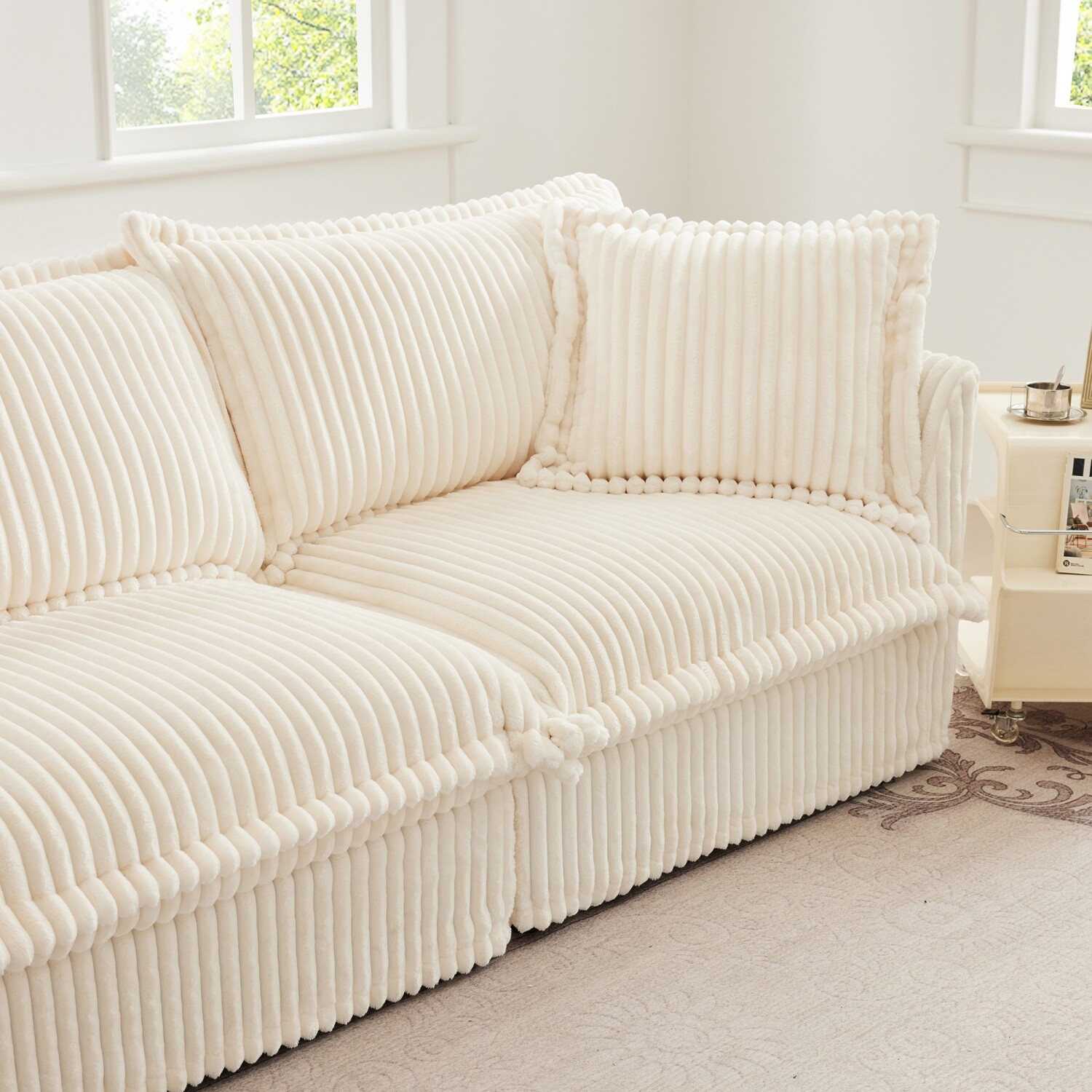 Single Sofa Corduroy Upholstered Armchair Living Room Furniture w/ Pillow Cream