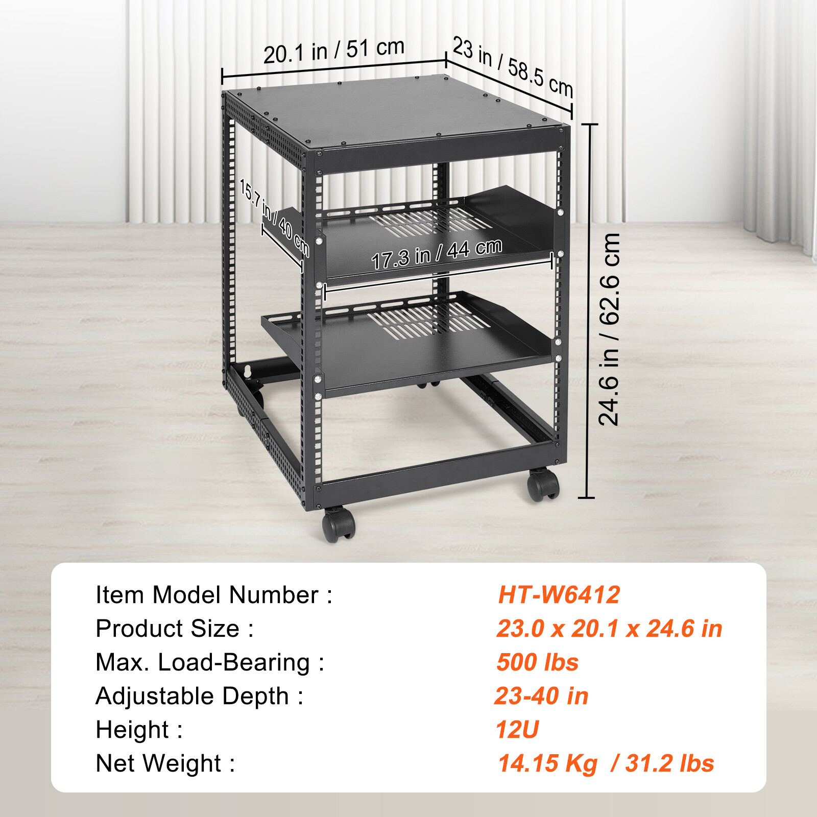 12U 4 Post Open Frame Server Rack Network Enclosure 23''-40'' Adjustable