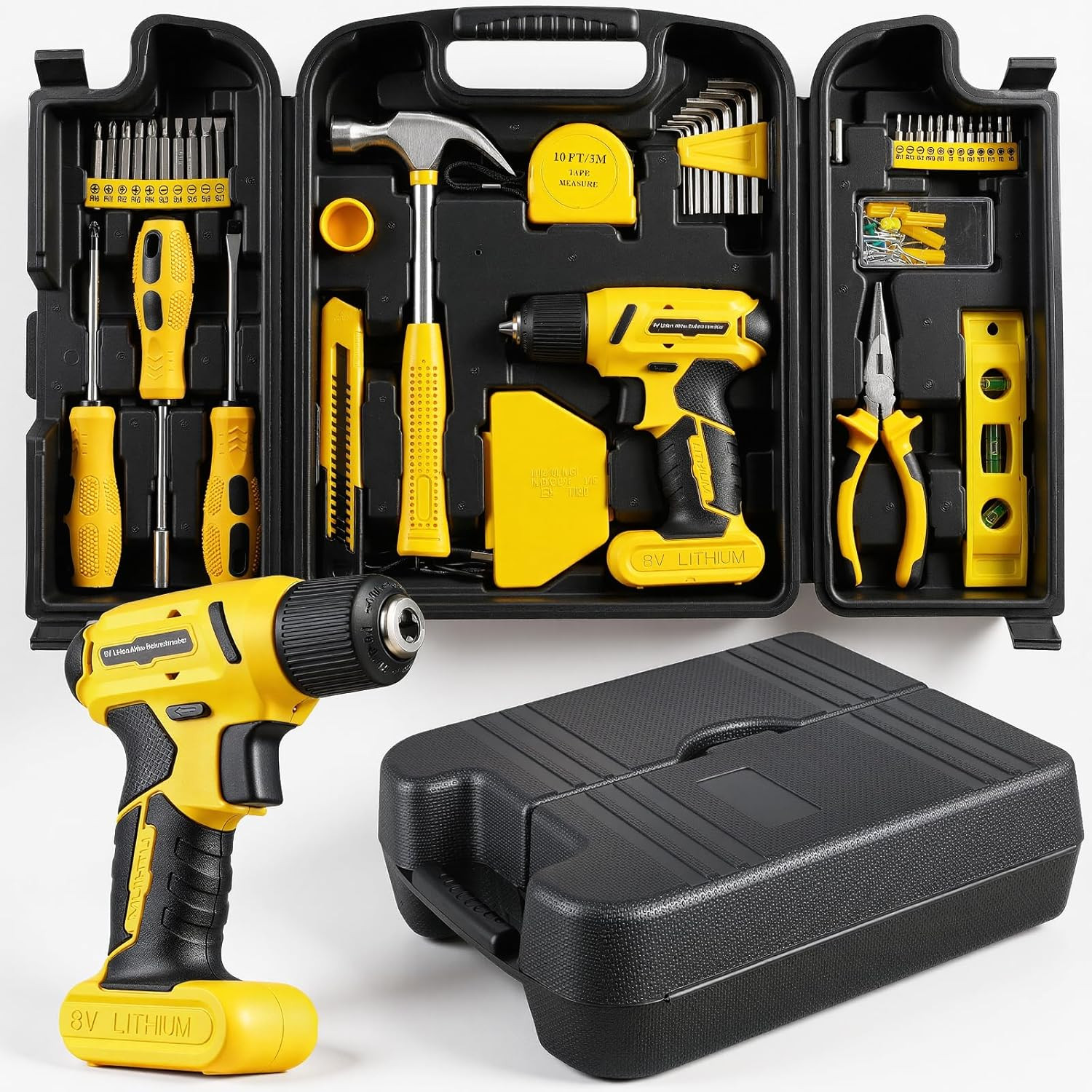 101 Pc 8V Cordless Drill Tool Set USB-C Rechargeable Kit Brushless Motor Yellow