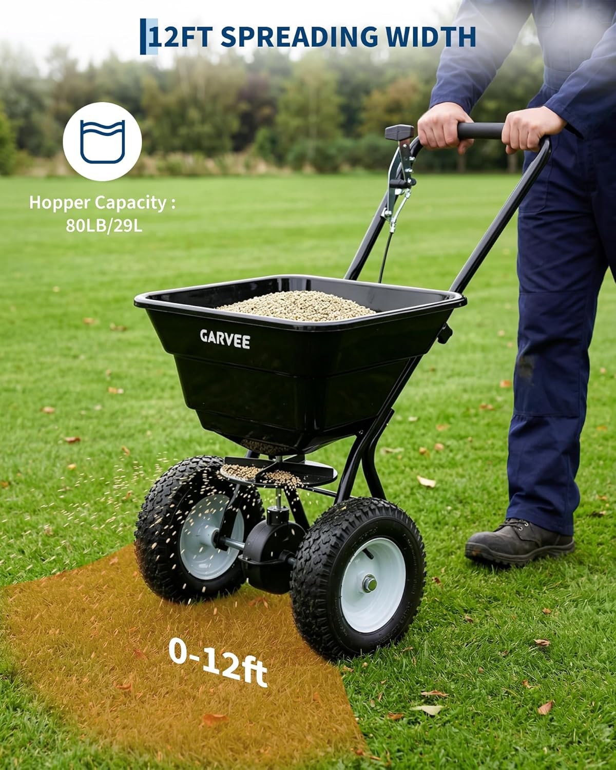 Walk Behind Push Spreader 100LBS, 12FT Width, 13in All Terrain Wheels Adjustable