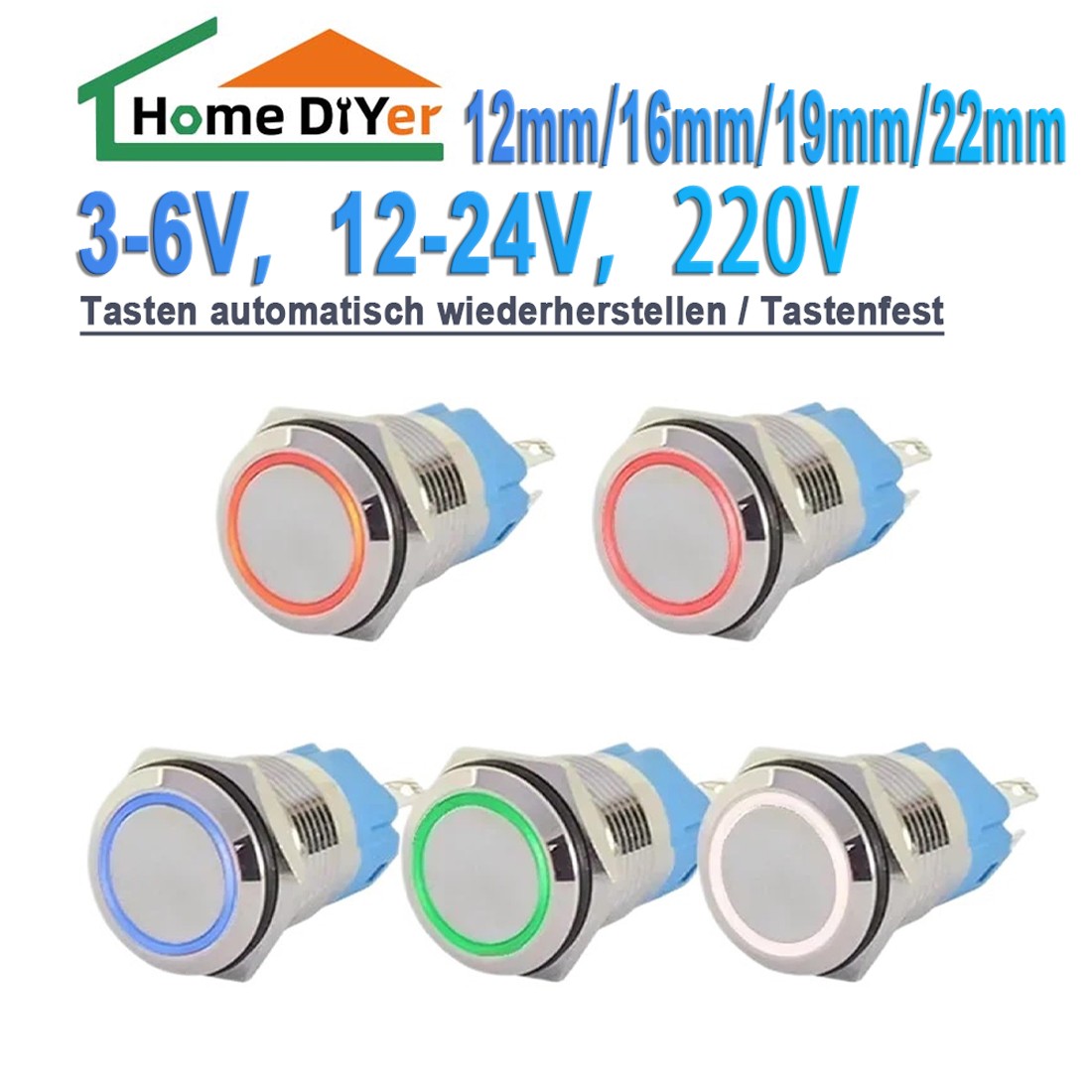 12-22mm Metal LED Illuminated Power Push Momentary Latching Button Switch 3-220V