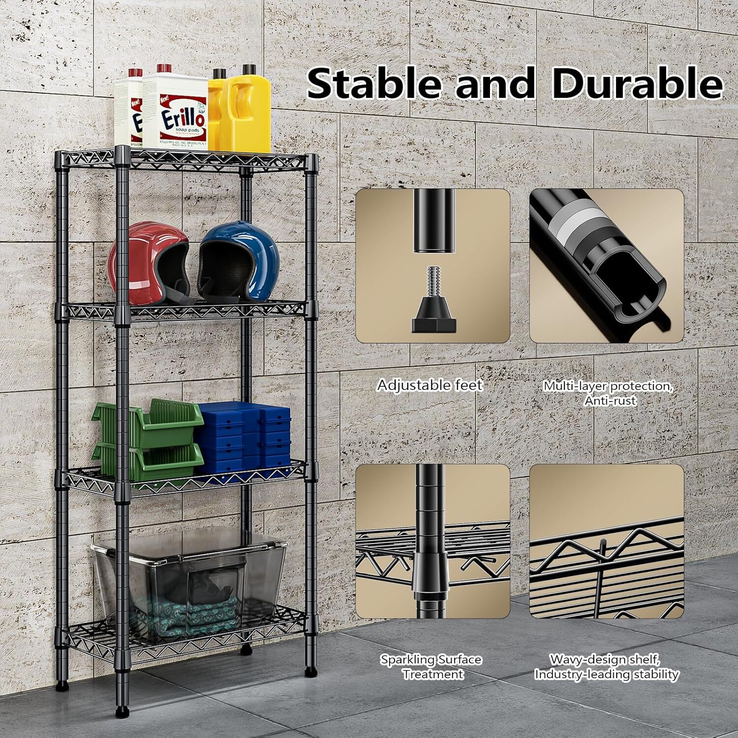 4 Tier Stackable Storage Kitchen Wire Shelves Steel Organizer Pantry Garage Rack
