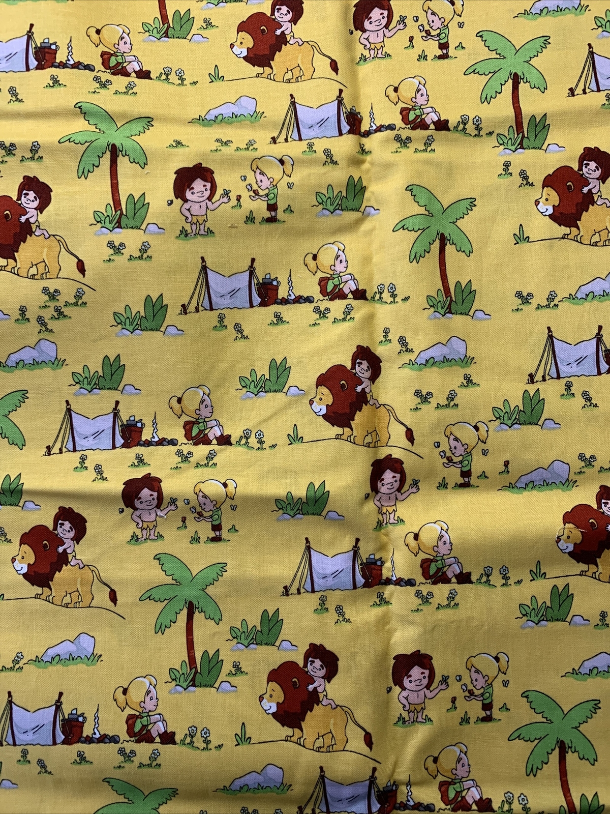 Camping Kids With a Lion Cotton Fabric 17x42 inches