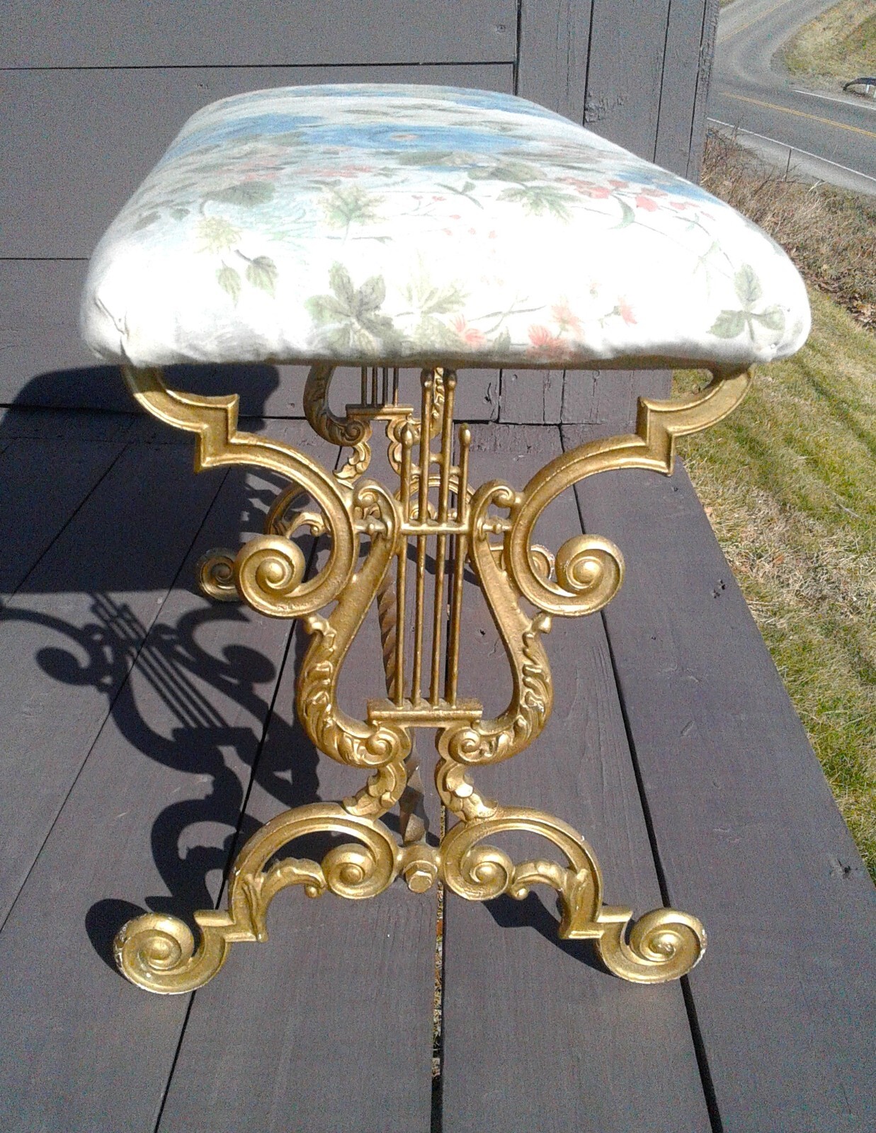 Antique Victorian Fireside Bench Seville Art Studios w Cast Iron Gold Lyre Base