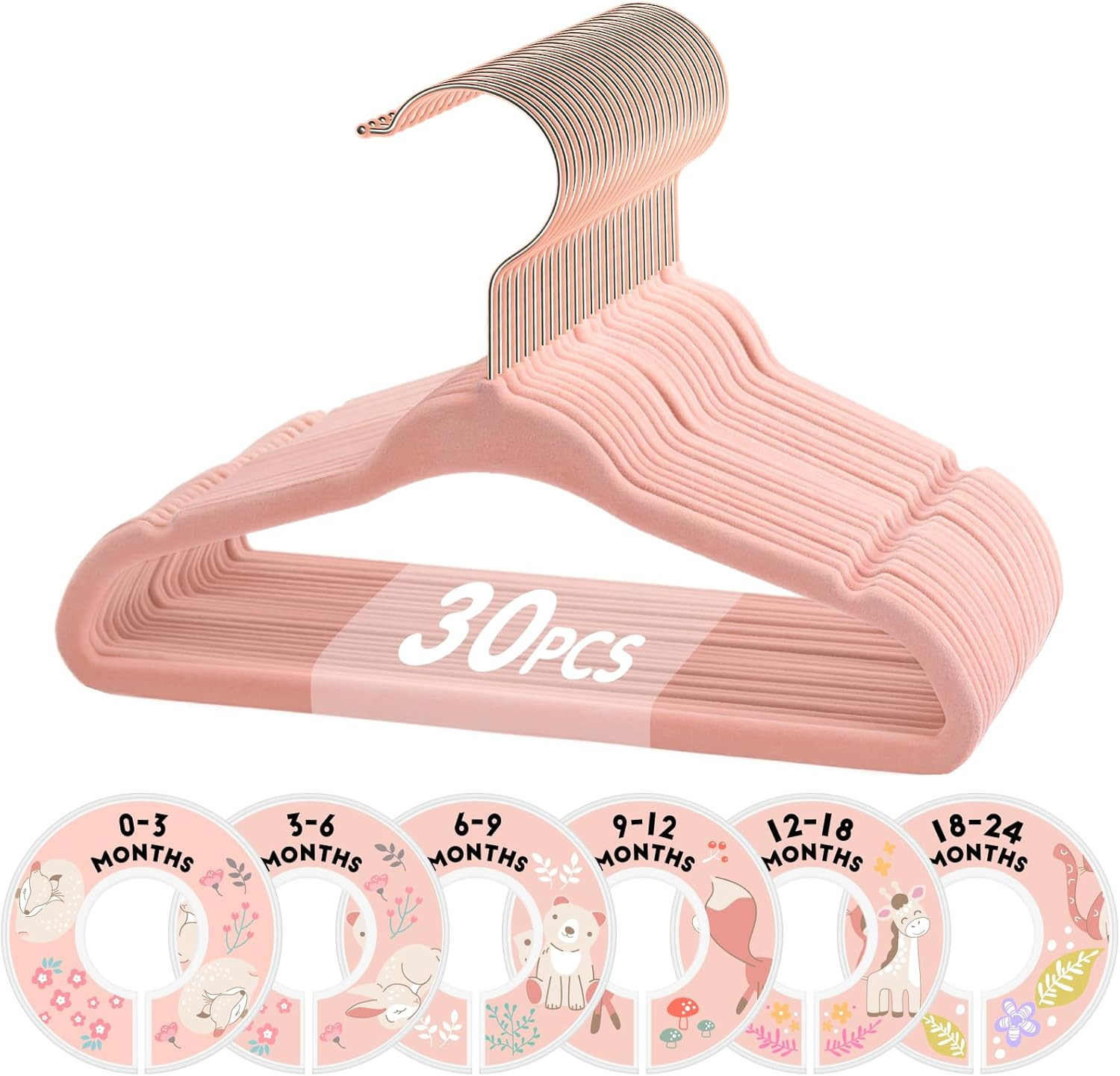 30 Pack Baby Velvet Hangers 11 Inch Non Slip With 6 Size Dividers Pink