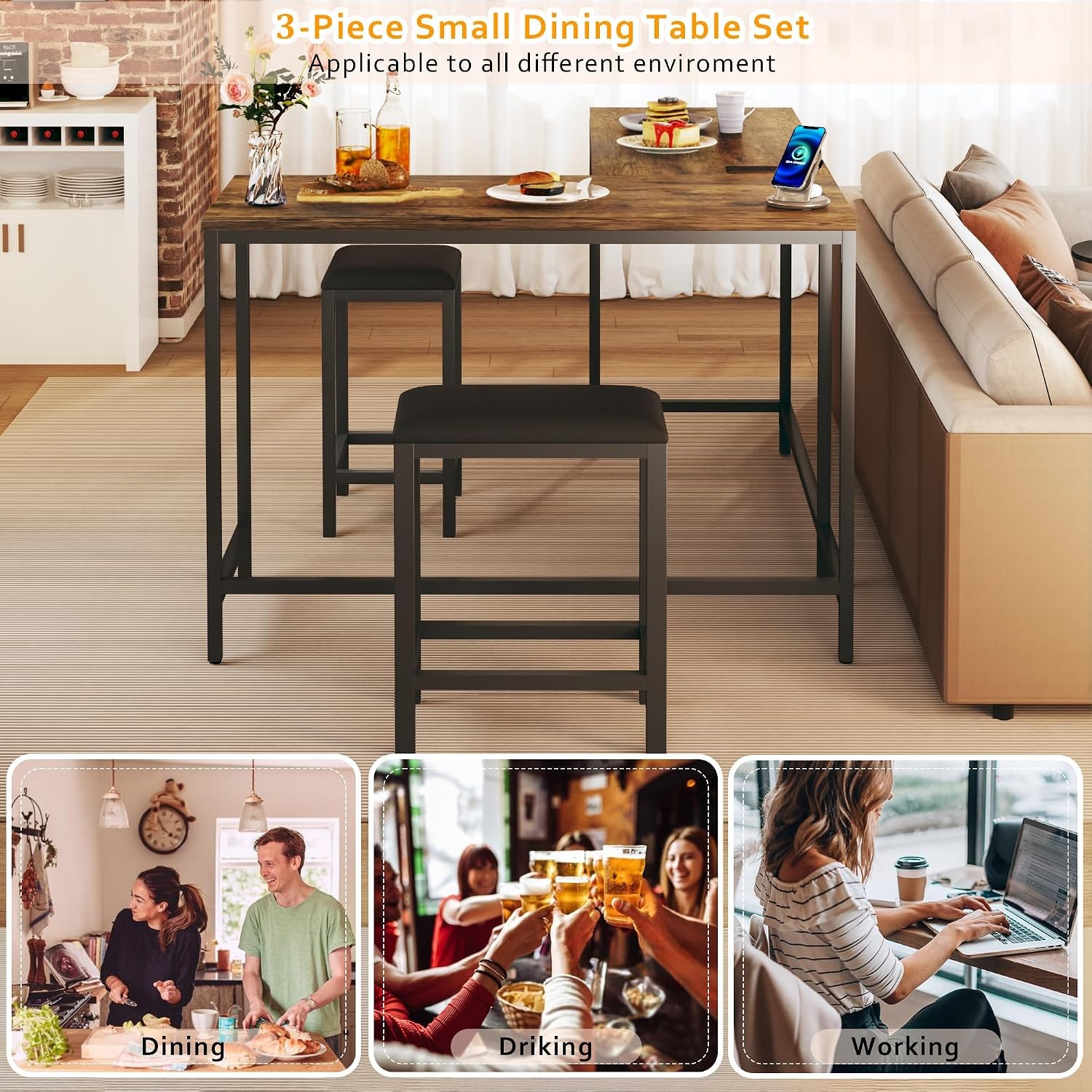 L Shaped Bar Table with Stools, 63‘’ Bar Height Table with Power Outlets,