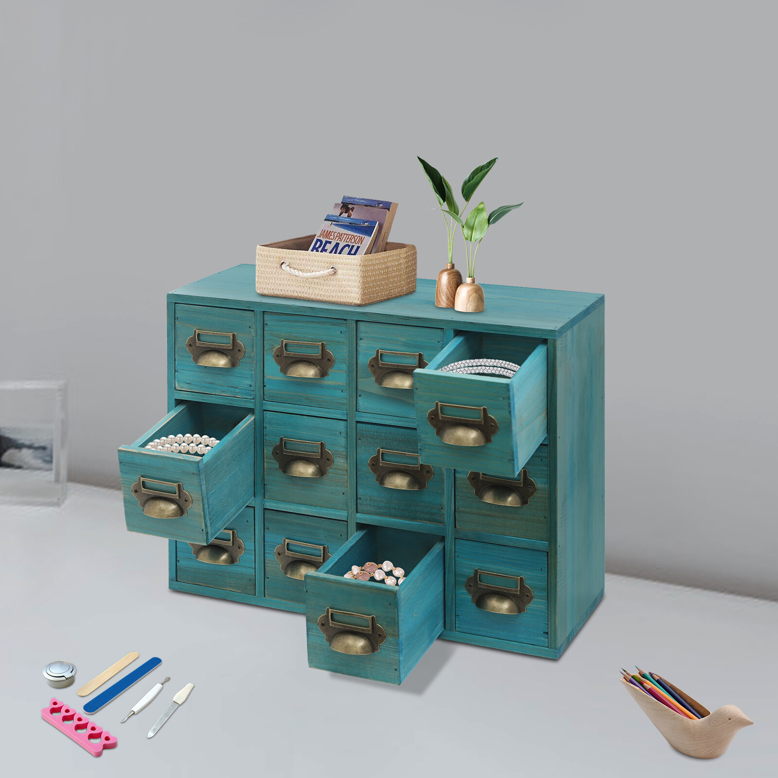 Blue 12Drawer Storage Cabinet Rectangular Desktop Drawer Organizer WoodenCabinet
