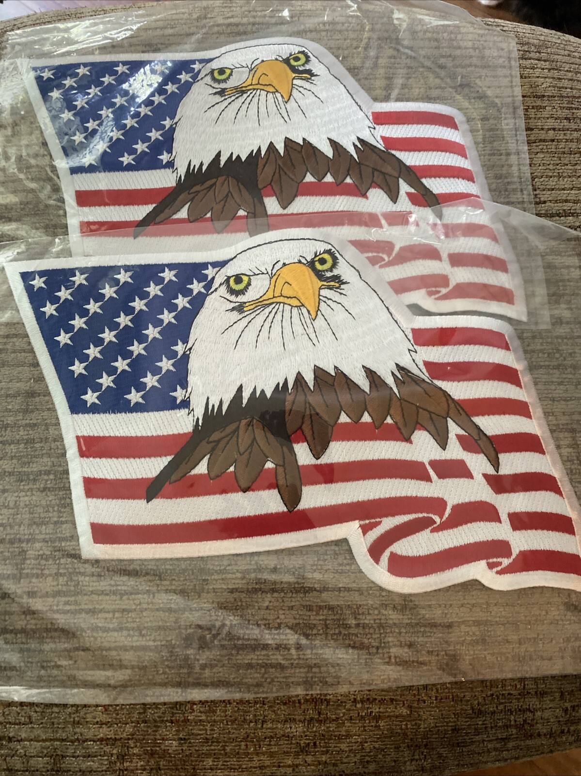 Lot Of 2 Large Iron On Back Patches Bald Eagle American Flag Biker NOS 7.5x10