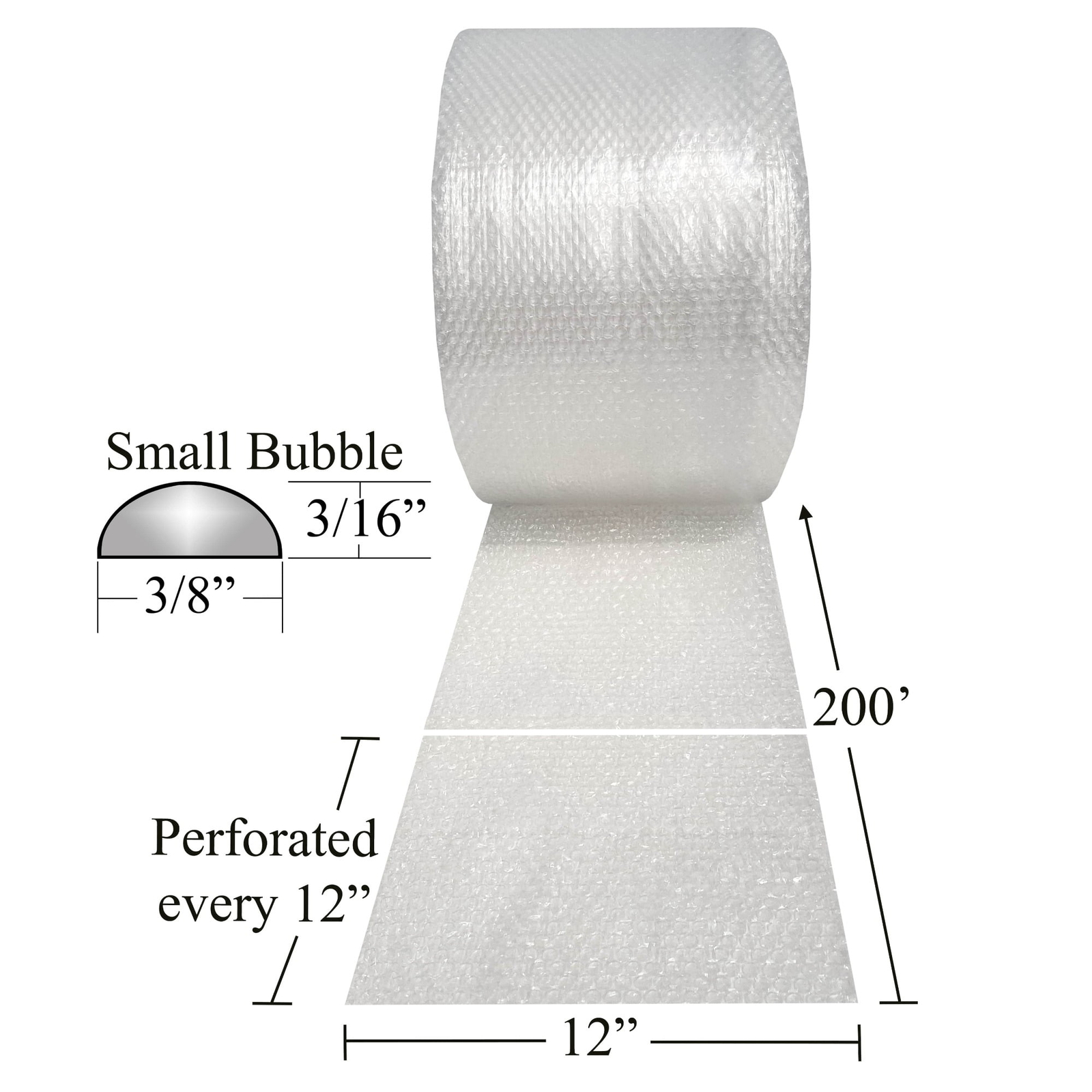 Small Bubble Roll 12" Wide Bubble Roll 175' Long With Perforated Sheets