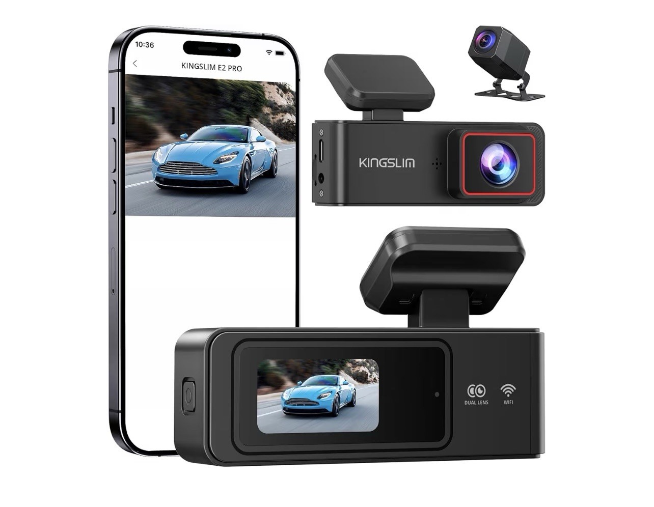 Kingslim E2Pro Front and Rear Dash Cam 2K WiFi W/App & SD Card