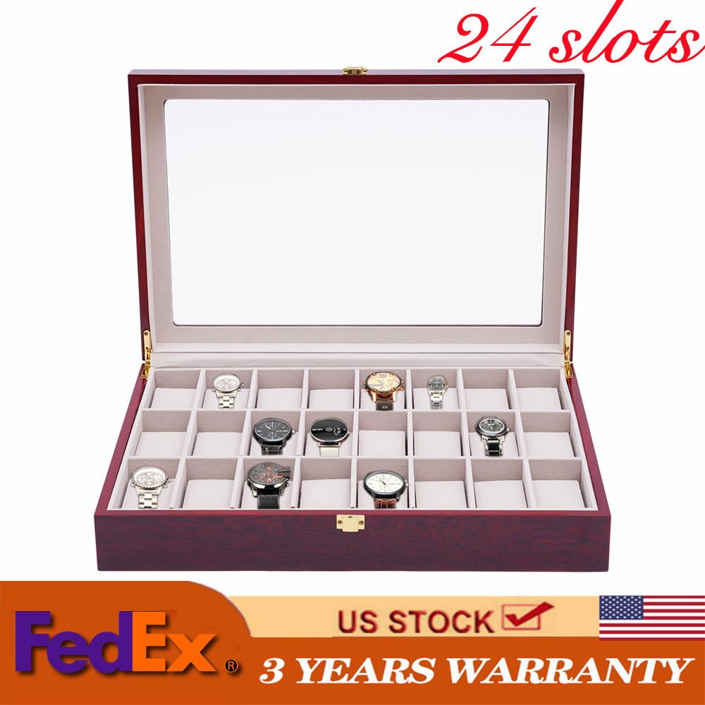 24 Slots Walnut Wooden Wrist Watch Box Display Case Organizer Jewelry Storage