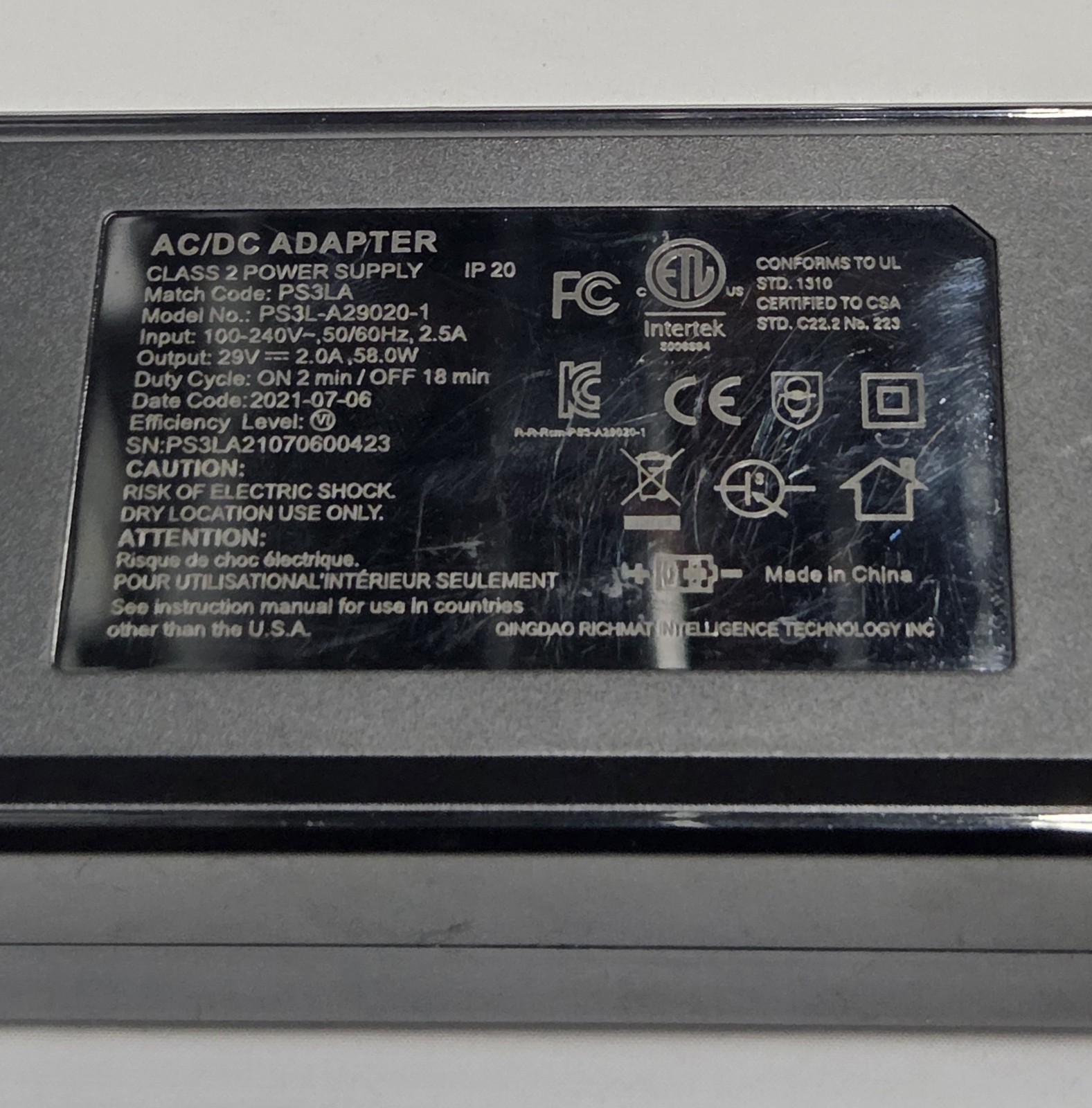 GENUINE RICHMAT Adjustable Bed Power Supply PS3L-A29020-1 AC/DC Adapter Class 2