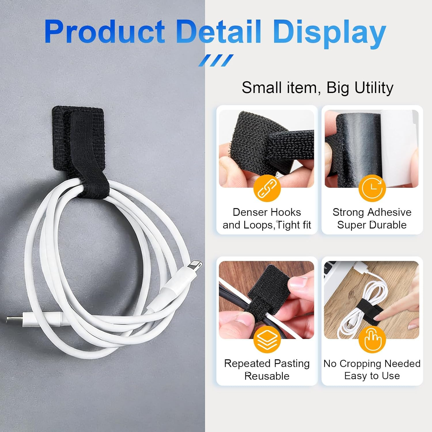 80 PCS Hook and Loop Cable Ties, Self Adhesive Cable Management Straps, Reusable