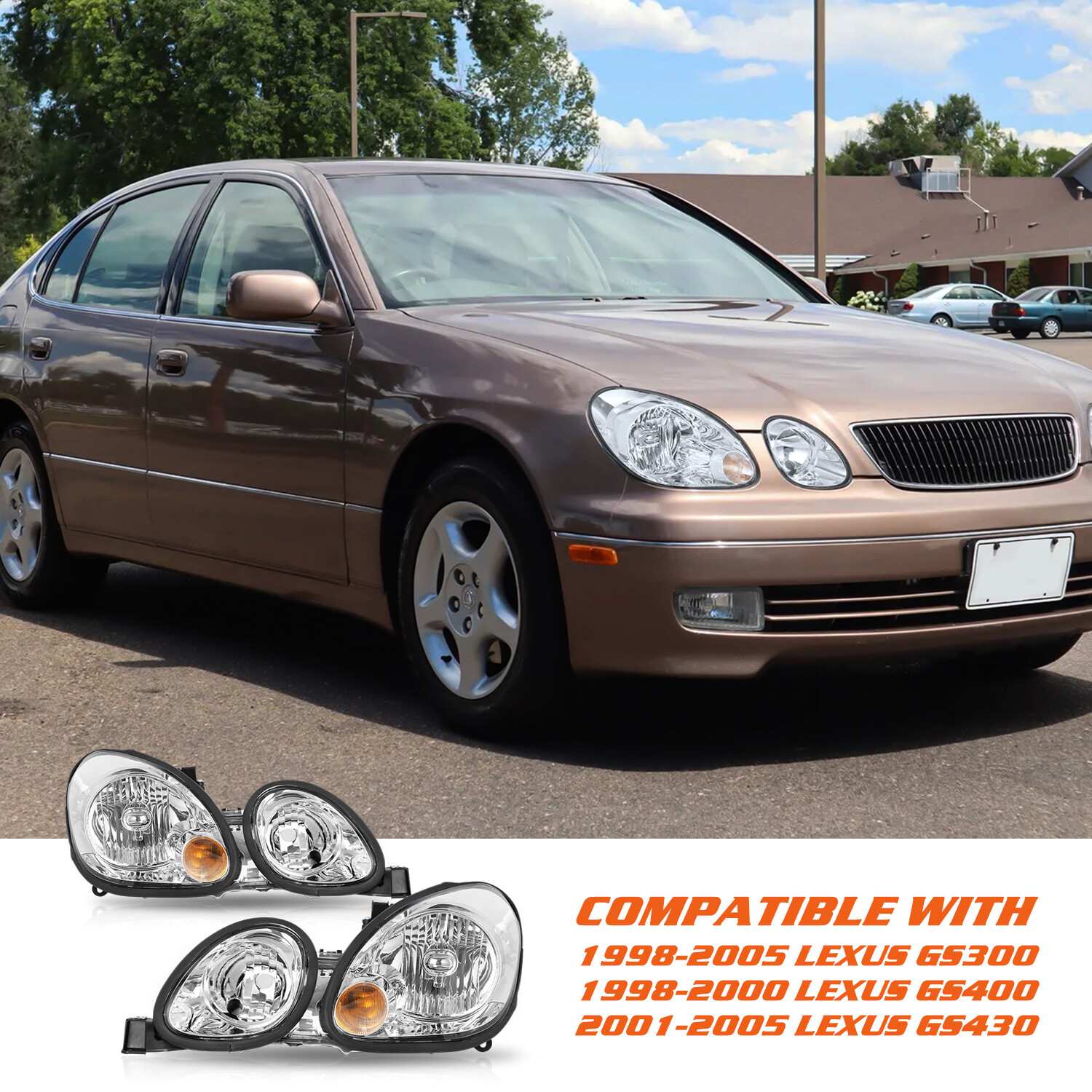 Headlight For 1998-2005 Lexus GS300 GS400 GS430 Projector Halogen Chrome pair