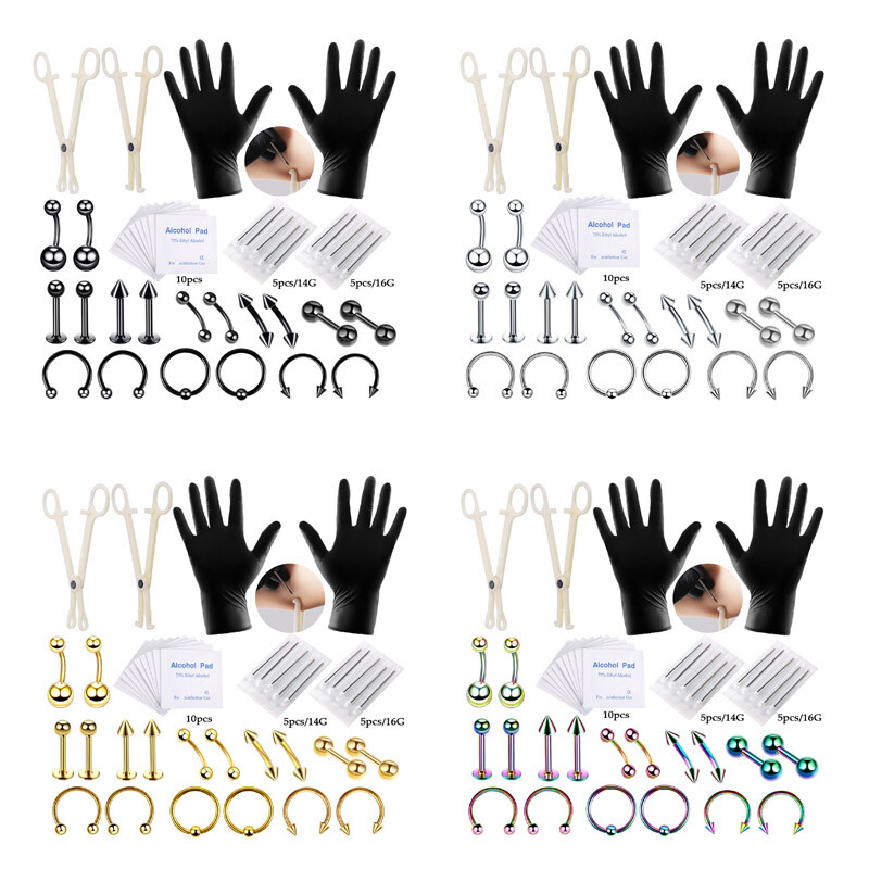 42Pcs Professional Body Piercing Tool Kit Ear Lip Nose Navel Ring Needles 16G US