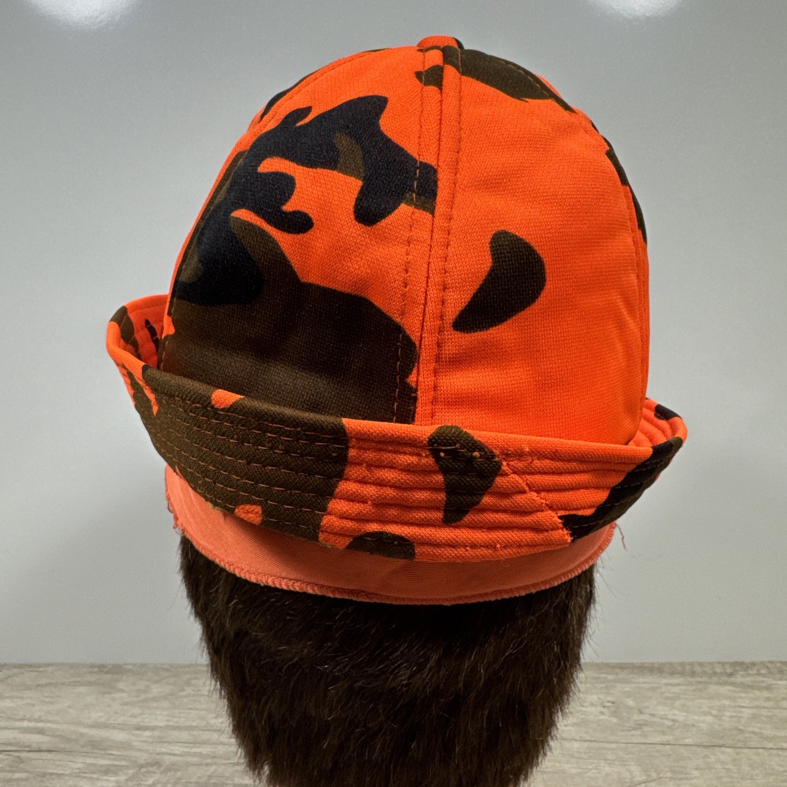 VTG S Orange Camo Jones Hunting Bucket Fedora Hat Insulated Ear Flaps Distressed