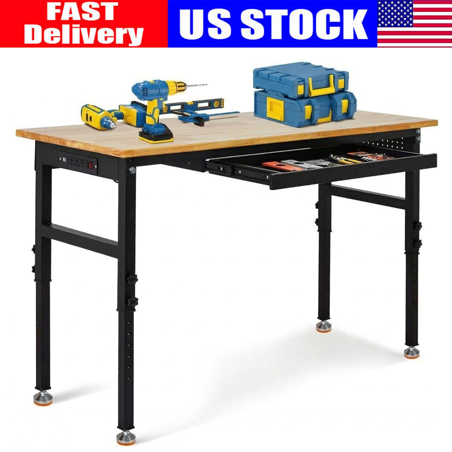 60"x24" Adjustable Height Workbench 2000Lbs Work Table w/Power Outlet and Drawer