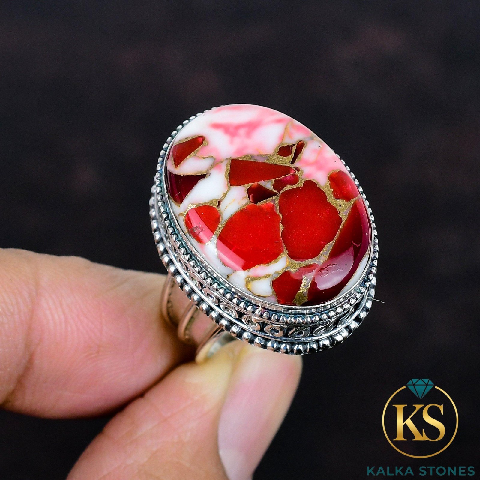 Kingman Red Mohave Copper Turquoise Ring 925 Sterling Silver Gemstone Jewelry