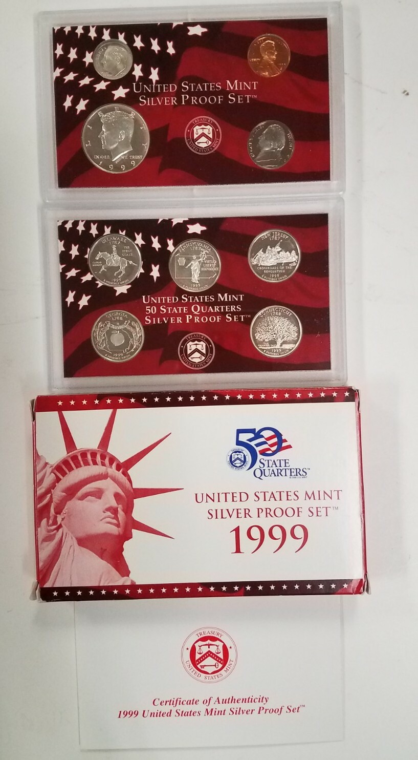 SS0999SXSCiO U.S. MINT 9 COIN YEAR 1999-S AG SILVER CAMEO PROOF SET TONED OGP!!!