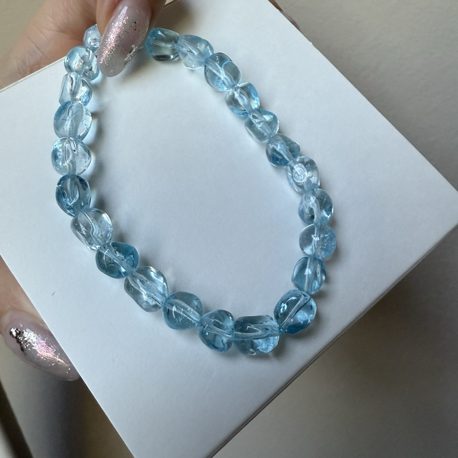 Natural Blue Topaz Bracelet – Polished Nugget 7mm Beads