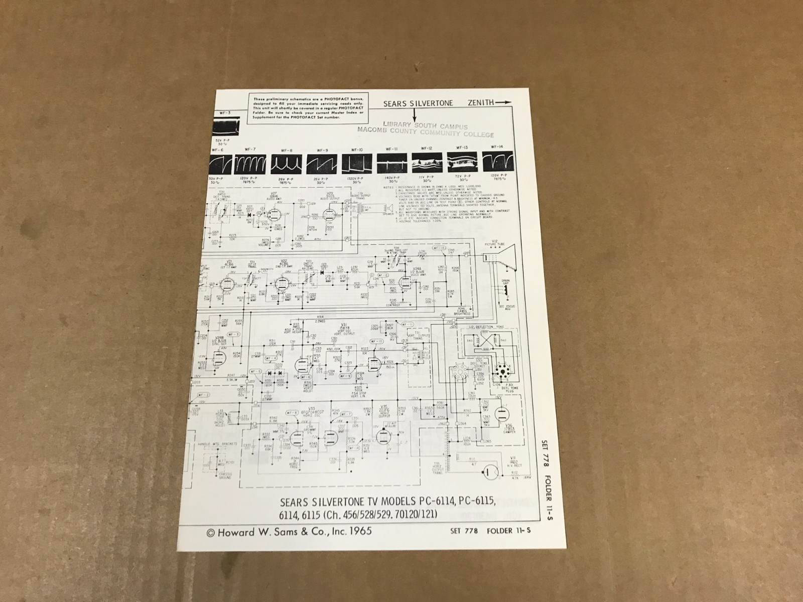 Vintage Photofact Folder -778-11S - Sears Silvertone TV Model PC-6114, Schematic