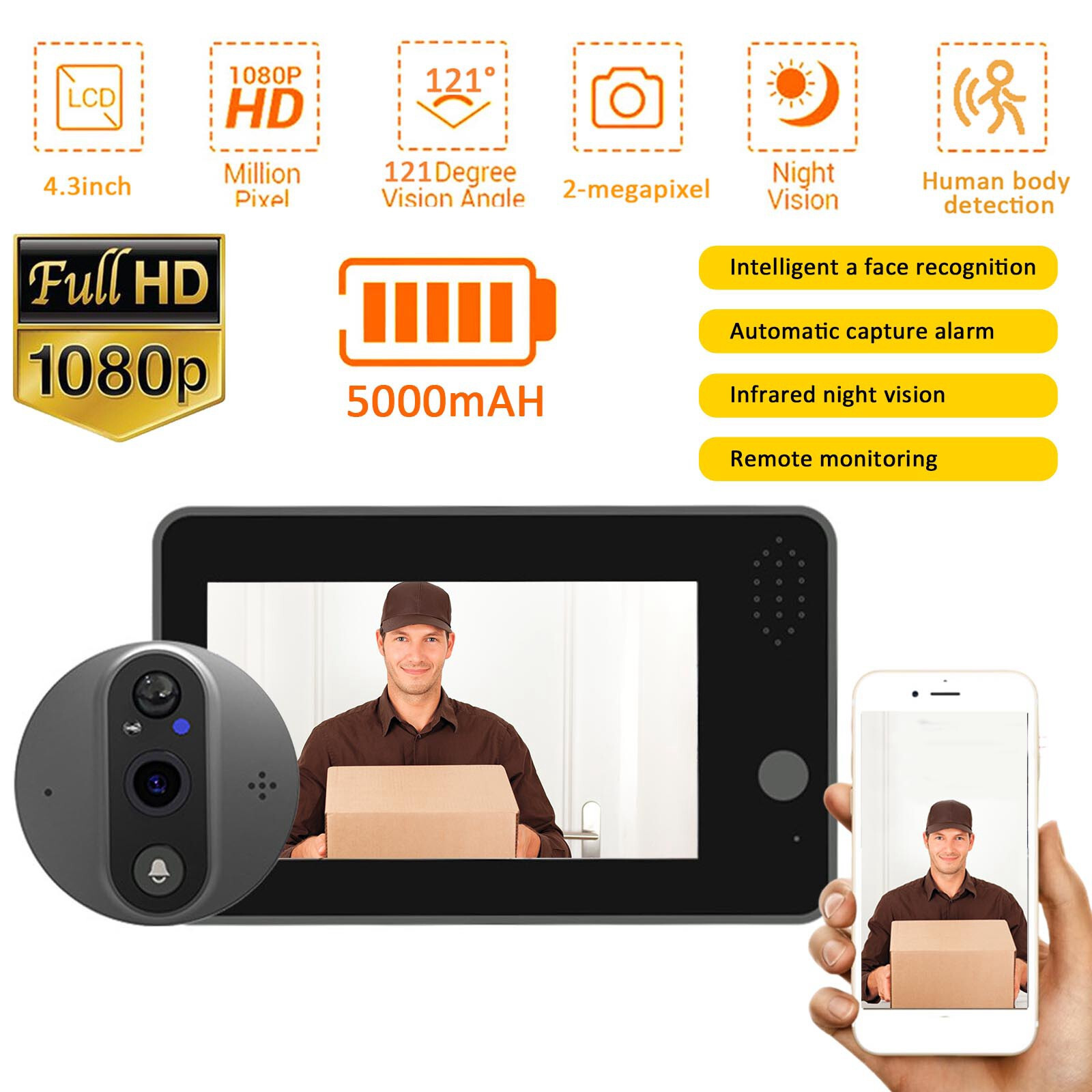 4.3" Wifi Wireless Smart Doorbell Peephole Camera PIR Monitor Intercom Security