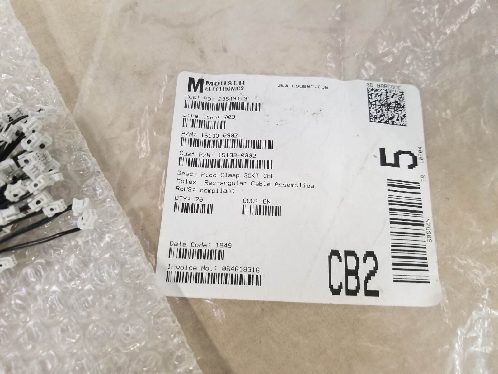 Rectangular Cable Assemblies Pico-Clasp 3CKT CBL ASSY SR 150MM WHITE 70/QTY