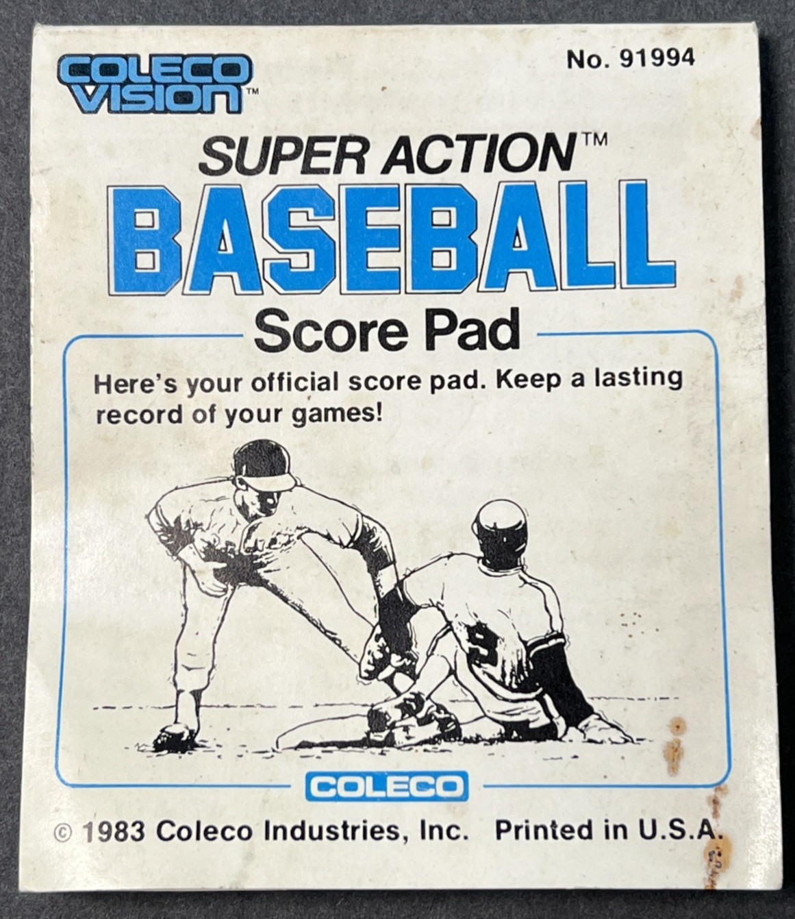 1983 Super Action Baseball AUTHENTIC ColecoVision Score Pad ONLY OEM No. 91994