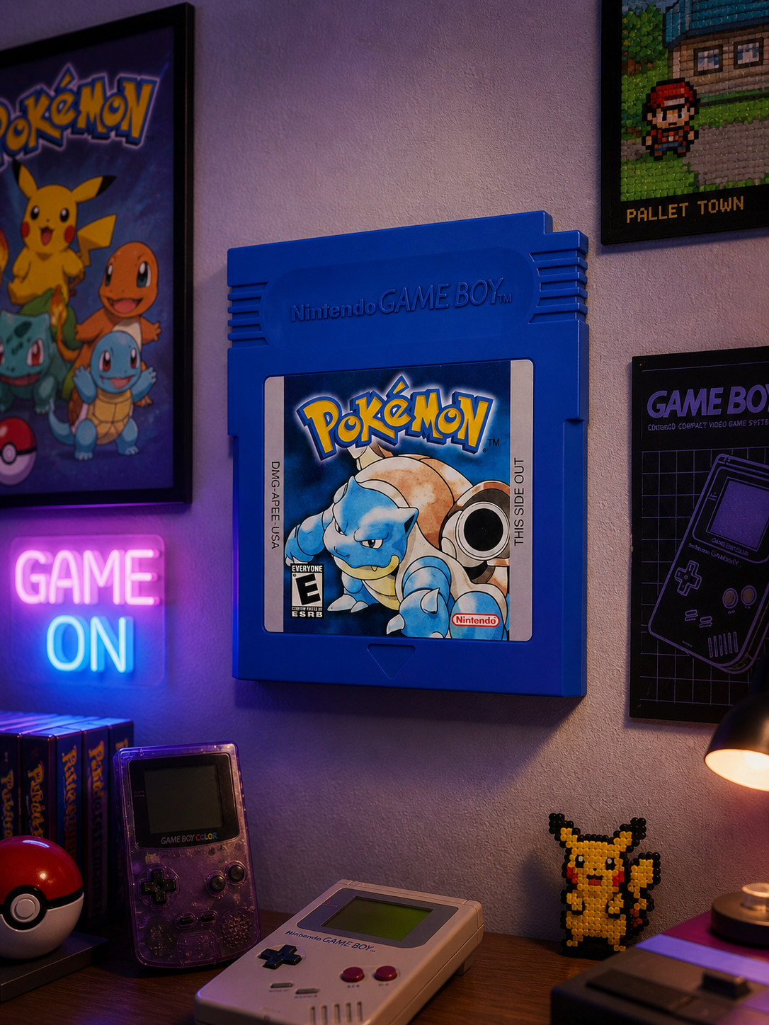 3D Printed Pokemon Blue Gameboy Cartridge Wall Art – 9x8in Retro Gaming Decor