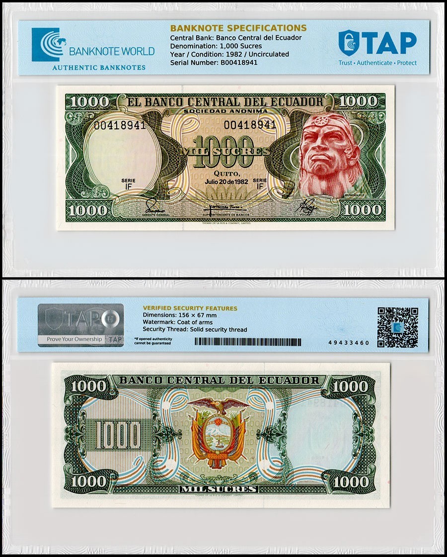 Ecuador 1000 Sucres, 1982, P-120b.5, UNC, TAP Authenticated