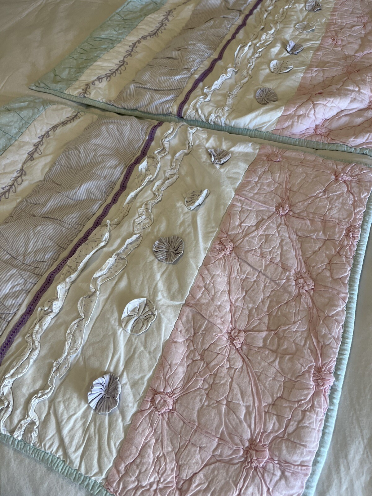 Pottery Barn Shams STANDARD Patchwork Embroidery Cotton Pink Green Purple PAIR