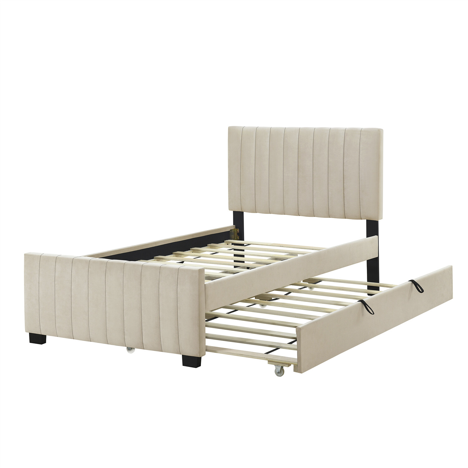 Twin Size Bed Frame Upholstered Platform Bed w/ Pull Out Trundle Beige/Pink US